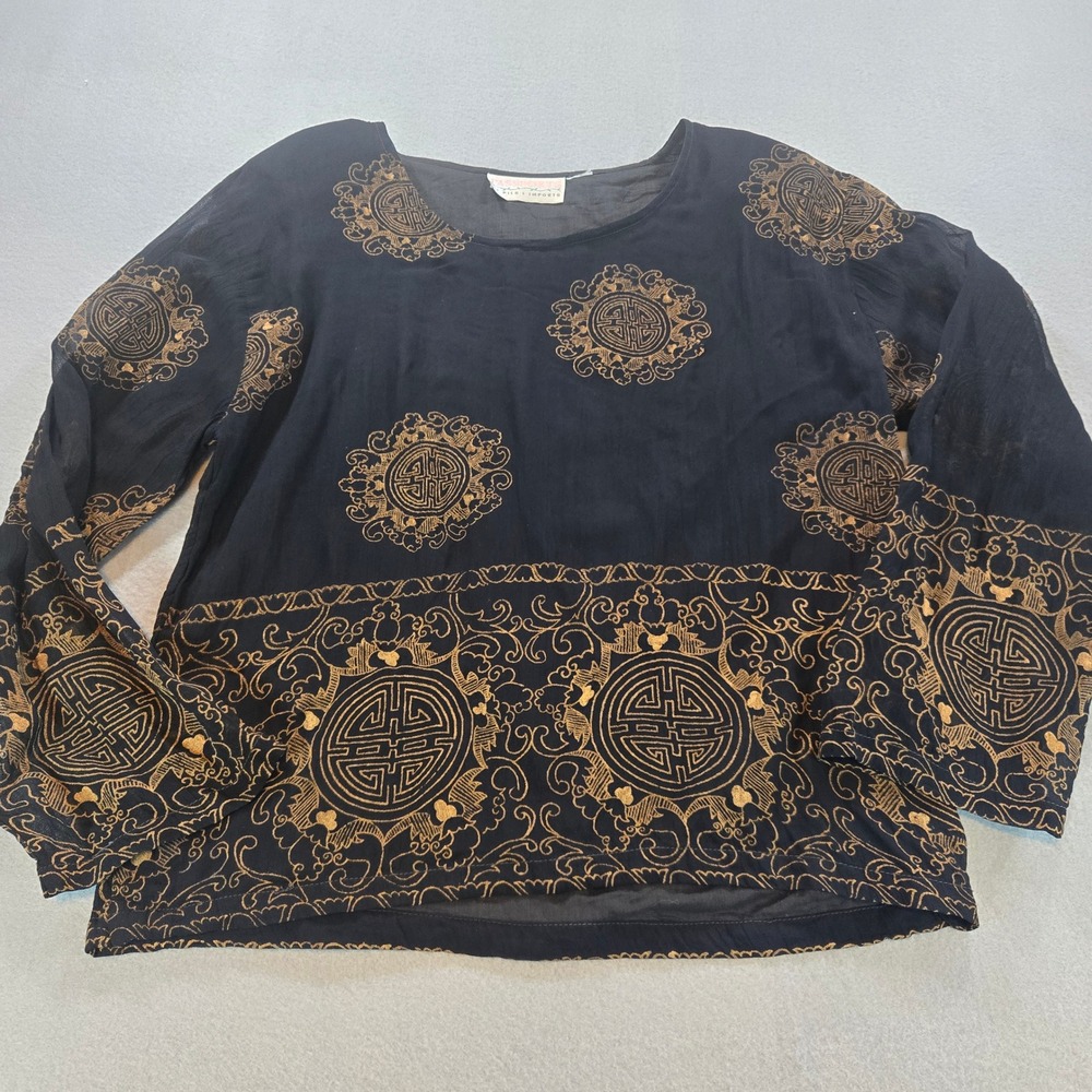 Passports Pier 1 Imports Blouse Women L Black Gold Sheer Asian Medallion Vintage